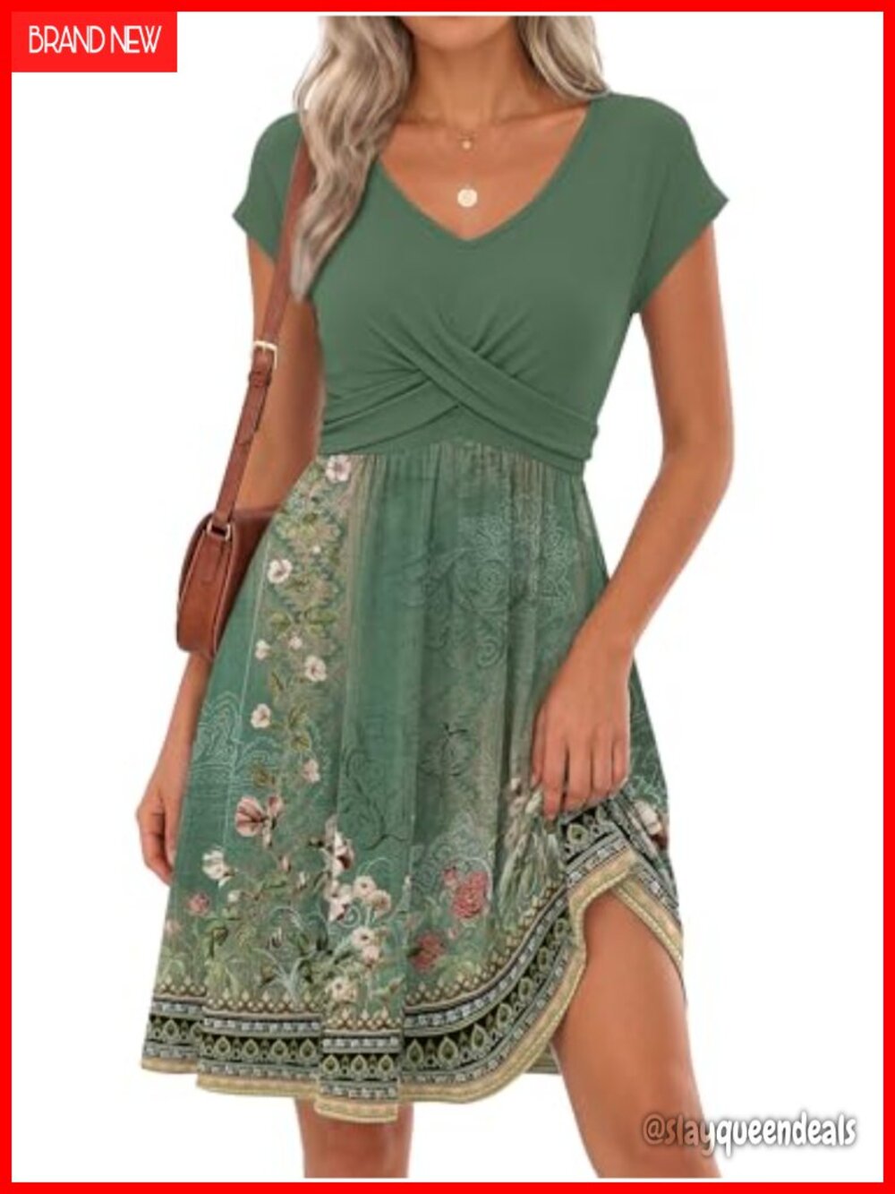 SAUKOLE Women's Twist Front V Neck A-Line Mini Sundress Short Sleeve